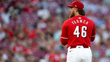 Cincinnati Reds pitcher Buck Farmer (46) prepares to pitch in the third inning of the MLB game between the Cincinnati Reds and Kansas City Royals at Great American Ball Park in Cincinnati on Saturday, Aug. 17, 2024.