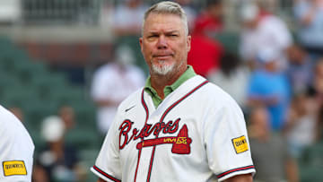 Jul 22, 2024; Atlanta, Georgia, USA; Former Atlanta Braves third baseman Chipper Jones (10) on the field before a game against the Cincinnati Reds at Truist Park. Mandatory Credit: Brett Davis-Imagn Images
