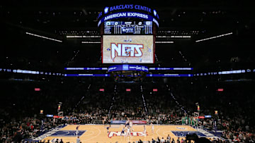 Apr 25, 2022; Brooklyn, New York, USA; General view of the opening tipoff between the Brooklyn Nets and the Boston Celtics during the first quarter of game four of the first round of the 2022 NBA playoffs at Barclays Center. Mandatory Credit: Brad Penner-Imagn Images