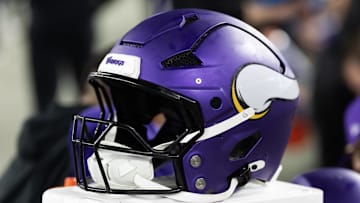 Jan 13, 2025; Glendale, AZ, USA; Detailed view of a Minnesota Vikings helmet during an NFC wild card game at State Farm Stadium. Mandatory Credit: Mark J. Rebilas-Imagn Images