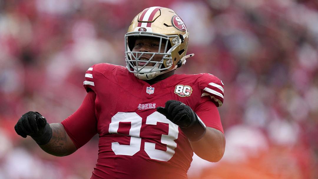 Sep 20, 2026; Santa Clara, California, USA; San Francisco 49ers defensive tackle Gracen Halton (93) celebrates a tackle against the Miami Dolphins in the fourth quarter at Levi's Stadium. Mandatory Credit: Kyle Terada-Imagn Images Sep 20, 2026; Santa Clara, California, USA; San Francisco 49ers defensive tackle Gracen Halton (93) celebrates a tackle against the Miami Dolphins in the fourth quarter at Levi's Stadium. Mandatory Credit: Kyle Terada-Imagn Images