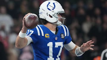 Nov 9, 2025; Berlin, Germany; Indianapolis Colts quarterback Daniel Jones (17) throws a pass against the Atlanta Falcons during the NFL Berlin Game at Olympic Stadium. Mandatory Credit: Kirby Lee-Imagn Images