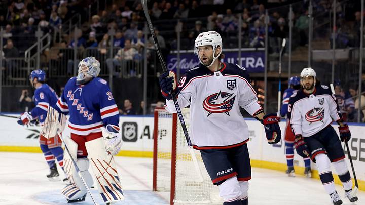 Mar 2, 2026; New York, New York, USA; Columbus Blue Jackets center Adam Fantilli (19) celebrates his goal against New York Rangers goaltender Igor Shesterkin (31) during the first period at Madison Square Garden. Mandatory Credit: Brad Penner-Imagn Images