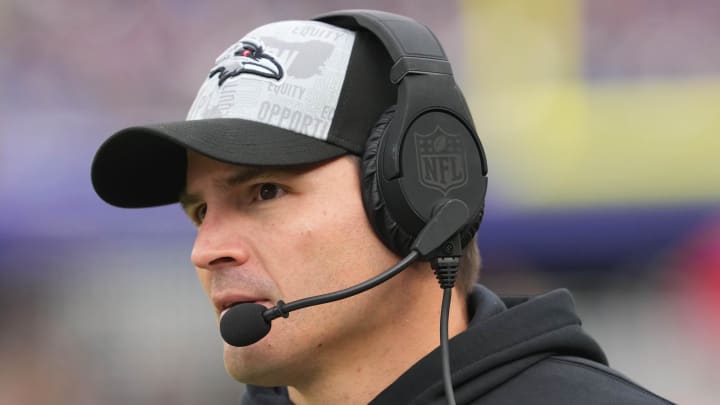 Dec 31, 2023; Baltimore, Maryland, USA; Baltimore Ravens  defensive coordinator Mike Macdonald on the sidelines during the third quarter against the Miami Dolphins at M&T Bank Stadium. Mandatory Credit: Mitch Stringer-USA TODAY Sports