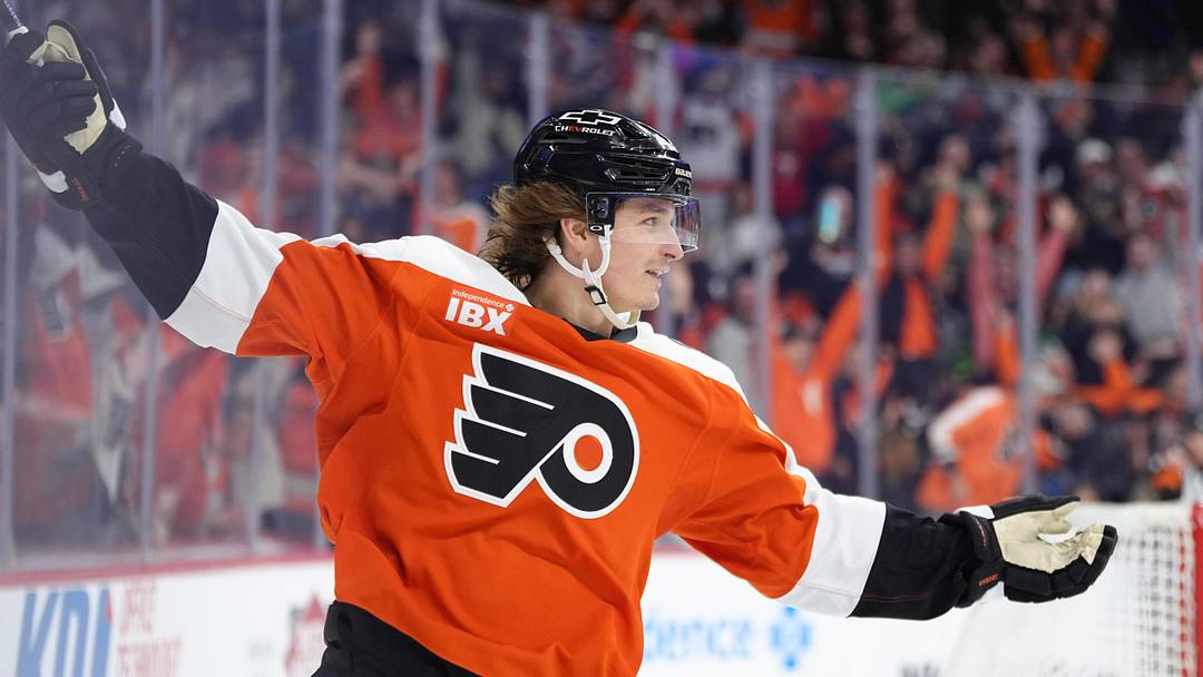 Mar 29, 2026; Philadelphia, Pennsylvania, USA; Philadelphia Flyers center Trevor Zegras (46) reacts after scoring a goal against the Dallas Stars in overtime at Xfinity Mobile Arena. Mandatory Credit: Kyle Ross-Imagn Images