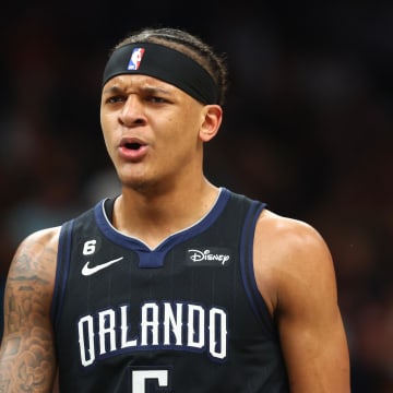 Mar 16, 2023; Phoenix, Arizona, USA; Orlando Magic forward Paolo Banchero (5) reacts against the Phoenix Suns at Footprint Center. Mandatory Credit: Mark J. Rebilas-USA TODAY Sports