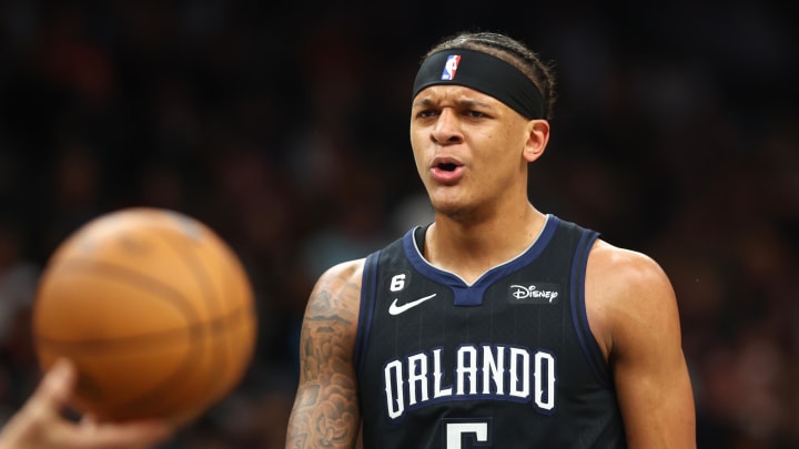 Mar 16, 2023; Phoenix, Arizona, USA; Orlando Magic forward Paolo Banchero (5) reacts against the Phoenix Suns at Footprint Center. Mandatory Credit: Mark J. Rebilas-USA TODAY Sports