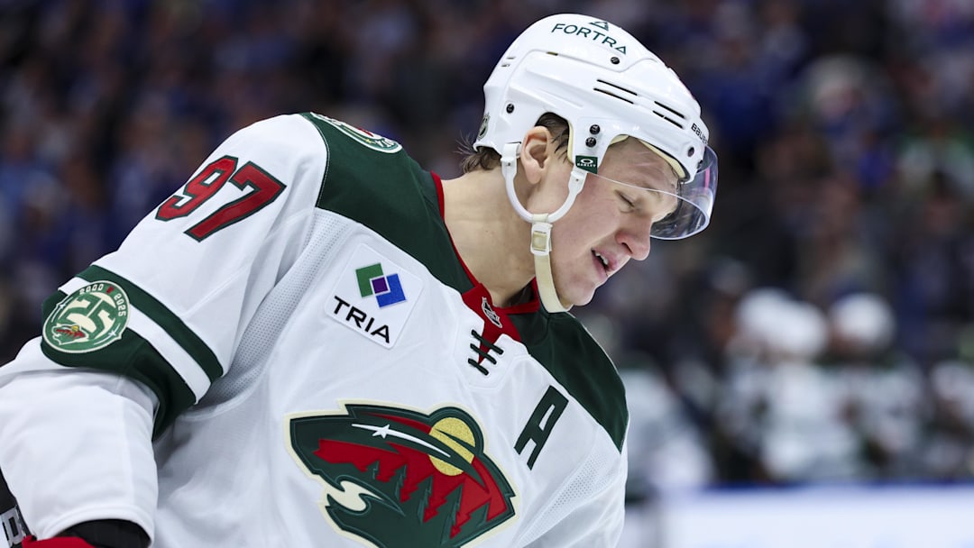 Mar 24, 2026; Tampa, Florida, USA; Minnesota Wild left wing Kirill Kaprizov (97) reacts after a goal by the Tampa Bay Lightning in the third period at Benchmark International Arena. Mandatory Credit: Nathan Ray Seebeck-Imagn Images