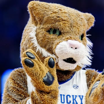 Mar 1, 2022; Lexington, Kentucky, USA; The Kentucky Wildcat mascot claps during the second half against the Mississippi Rebels at Rupp Arena at Central Bank Center. Mandatory Credit: Jordan Prather-Imagn Images