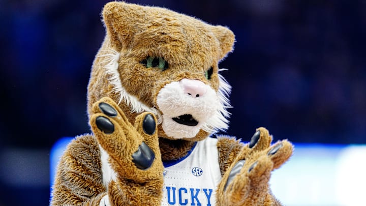 Mar 1, 2022; Lexington, Kentucky, USA; The Kentucky Wildcat mascot claps during the second half against the Mississippi Rebels at Rupp Arena at Central Bank Center. Mandatory Credit: Jordan Prather-Imagn Images