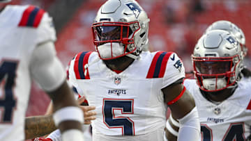 Aug 25, 2024; Landover, Maryland, USA;  New England Patriots safety Jabrill Peppers (5) takes the field with teammates before the game against the Washington Commanders at Commanders Field. Mandatory Credit: Tommy Gilligan-Imagn Images