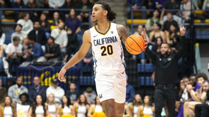 Jan 18, 2024; Berkeley, California, USA; California Golden Bears guard Jaylon Tyson (20) dribbles against the Washington Huskies during the second half at Haas Pavilion. Mandatory Credit: Darren Yamashita-USA TODAY Sports