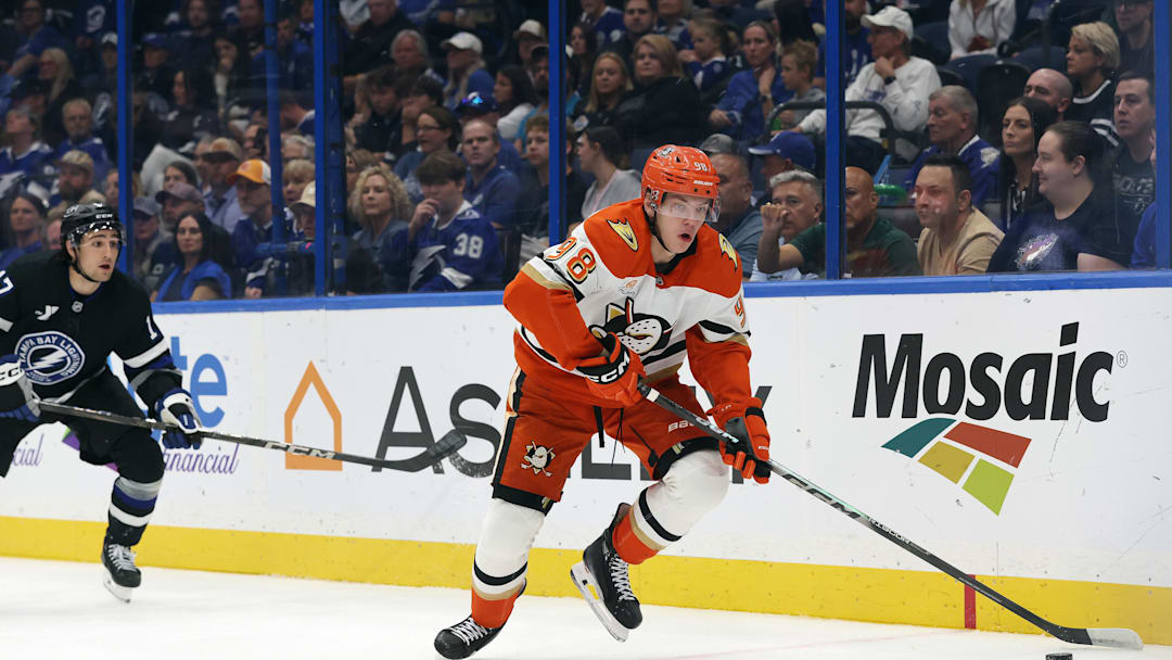 Oct 25, 2025; Tampa, Florida, USA; Anaheim Ducks defenseman Pavel Mintyukov (98) skates with the puck during the first period at Benchmark International Arena. Mandatory Credit: Kim Klement Neitzel-Imagn Images Oct 25, 2025; Tampa, Florida, USA; Anaheim Ducks defenseman Pavel Mintyukov (98) skates with the puck during the first period at Benchmark International Arena. Mandatory Credit: Kim Klement Neitzel-Imagn Images