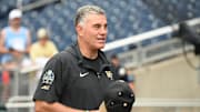 Jun 17, 2023; Omaha, NE, USA; Wake Forest Demon Deacons head coach Tom Walter on the field before a game against the Stanford Cardinal at Charles Schwab Field Omaha. Mandatory Credit: Steven Branscombe-Imagn Images