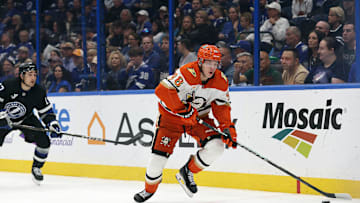 Oct 25, 2025; Tampa, Florida, USA; Anaheim Ducks defenseman Pavel Mintyukov (98) skates with the puck during the first period at Benchmark International Arena. Mandatory Credit: Kim Klement Neitzel-Imagn Images