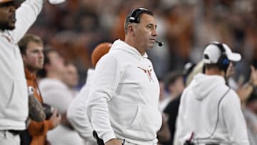 Jan 10, 2025; Arlington, Texas, USA; Texas Longhorns head coach Steve Sarkisian during the second quarter of the College Football Playoff semifinal against the Ohio State Buckeyes in the Cotton Bowl at AT&T Stadium. Mandatory Credit: Jerome Miron-Imagn Images