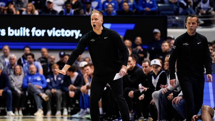 Feb 7, 2026; Provo, Utah, USA; BYU Cougars head coach Kevin Young reacts during the first half against the Houston Cougars at Marriott Center. Mandatory Credit: Aaron Baker-Imagn Images