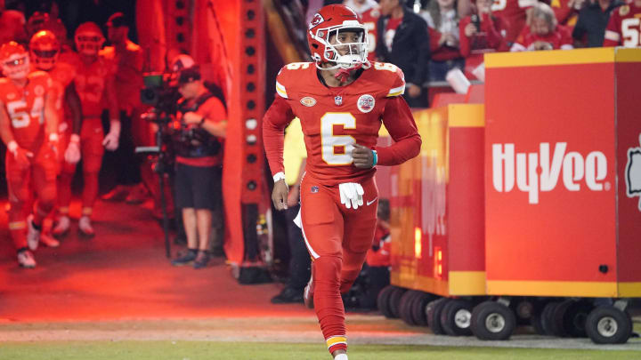 Oct 12, 2023; Kansas City, Missouri, USA; Kansas City Chiefs safety Bryan Cook (6) runs on field against the Denver Broncos prior to a game at GEHA Field at Arrowhead Stadium. Mandatory Credit: Denny Medley-USA TODAY Sports