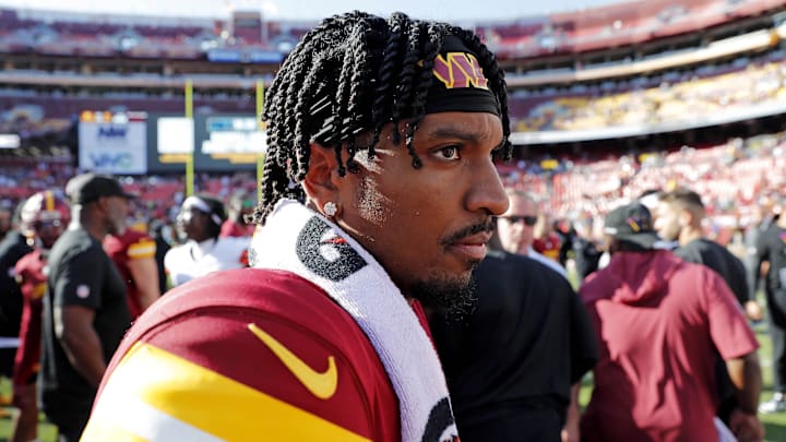 Oct 6, 2024; Landover, Maryland, USA; Washington Commanders quarterback Jayden Daniels (5) walks off the field after defeating the Cleveland Browns at NorthWest Stadium. Mandatory Credit: Peter Casey-Imagn Images Oct 6, 2024; Landover, Maryland, USA; Washington Commanders quarterback Jayden Daniels (5) walks off the field after defeating the Cleveland Browns at NorthWest Stadium. Mandatory Credit: Peter Casey-Imagn Images