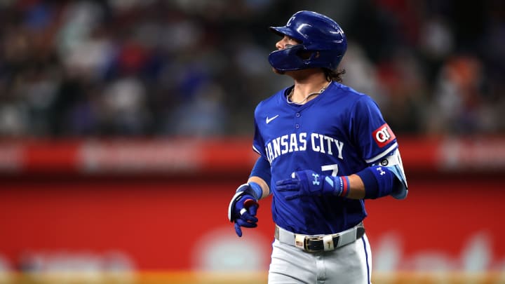 Jun 22, 2024; Arlington, Texas, USA; Kansas City Royals shortstop Bobby Witt Jr. (7) jogs off the field after making an out in the first inning against the Texas Rangers at Globe Life Field. Mandatory Credit: Tim Heitman-USA TODAY Sports
