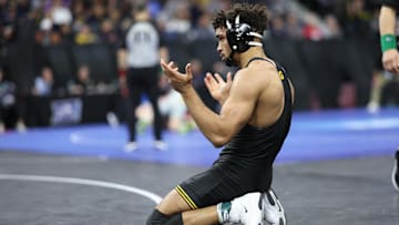 Mar 21, 2025; Philadelphia, PA, USA; Stephen Buchanan of Iowa after a victory in the semifinals of the NCAA Wrestling Championships at Wells Fargo Center. Mandatory Credit: Bill Streicher-Imagn Images