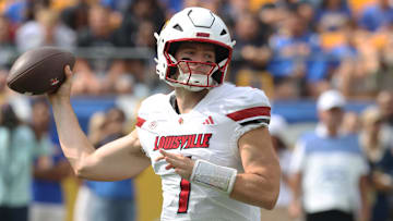 Sep 27, 2025; Pittsburgh, Pennsylvania, USA;  Louisville Cardinals quarterback Miller Moss (7) passes against the Pittsburgh Panthers during the first quarter at Acrisure Stadium. Mandatory Credit: Charles LeClaire-Imagn Images