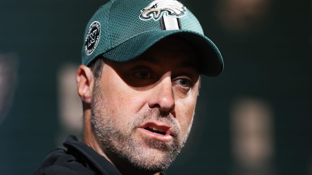 Philadelphia Eagles offensive coordinator Kevin Patullo speaks with the media at NovaCare Complex.