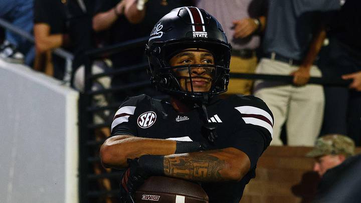 Sep 6, 2025; Starkville, Mississippi, USA; Mississippi State Bulldogs wide receiver Brenen Thompson (0) reacts after a touchdown during the second quarter against the Arizona State Sun Devils at Davis Wade Stadium at Scott Field. Mandatory Credit: Petre Thomas-Imagn Images