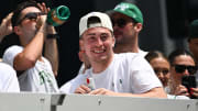 Jun 21, 2024; Boston, MA, USA; Boston Celtics guard Payton Pritchard (11) rides in a duck boat  during the 2024 NBA Championship parade in Boston.