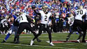 Sep 28, 2025; Orchard Park, New York, USA; New Orleans Saints quarterback Spencer Rattler (2) throws downfield during the third quarter against the Buffalo Bills  at Highmark Stadium. Mandatory Credit: Gregory Fisher-Imagn Images