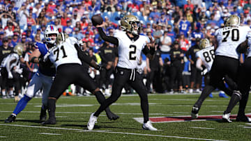 Sep 28, 2025; Orchard Park, New York, USA; New Orleans Saints quarterback Spencer Rattler (2) throws downfield during the third quarter against the Buffalo Bills  at Highmark Stadium. Mandatory Credit: Gregory Fisher-Imagn Images