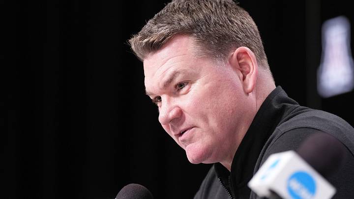 Apr 2, 2026; Indianapolis, IN, USA; Arizona head coach Tommy Lloyd during a press conference ahead of the Final Four of the men's 2026 NCAA Tournament at Lucas Oil Stadium. Mandatory Credit: Robert Deutsch-Imagn Images