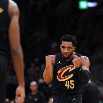 May 9, 2024; Boston, Massachusetts, USA; Cleveland Cavaliers guard Donovan Mitchell (45) reacts after a basket buy forward Evan Mobley (4) against the Boston Celtics in the first quarter during game two of the second round for the 2024 NBA playoffs at TD Garden. Mandatory Credit: David Butler II-USA TODAY Sports