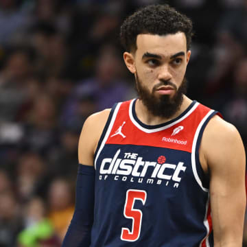 Feb 7, 2024; Washington, District of Columbia, USA; Washington Wizards guard Tyus Jones (5) on the court against the Cleveland Cavaliers during the first half at Capital One Arena.