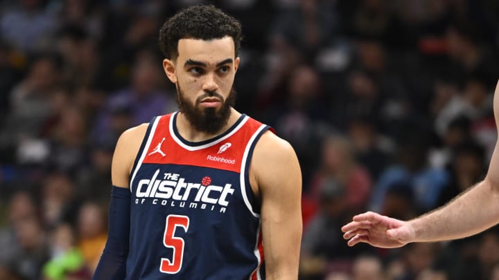 Feb 7, 2024; Washington, District of Columbia, USA; Washington Wizards guard Tyus Jones (5) on the court against the Cleveland Cavaliers during the first half at Capital One Arena.