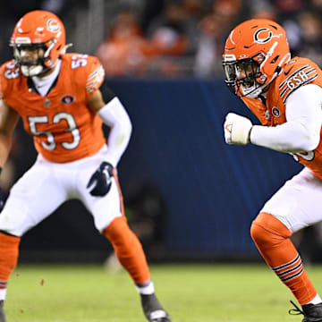 Nov 9, 2023; Chicago, Illinois, USA;  Chicago Bears defensive lineman Montez Sweat (98) rushes against the Carolina Panthers in the second half at Soldier Field. Mandatory Credit: Jamie Sabau-Imagn Images