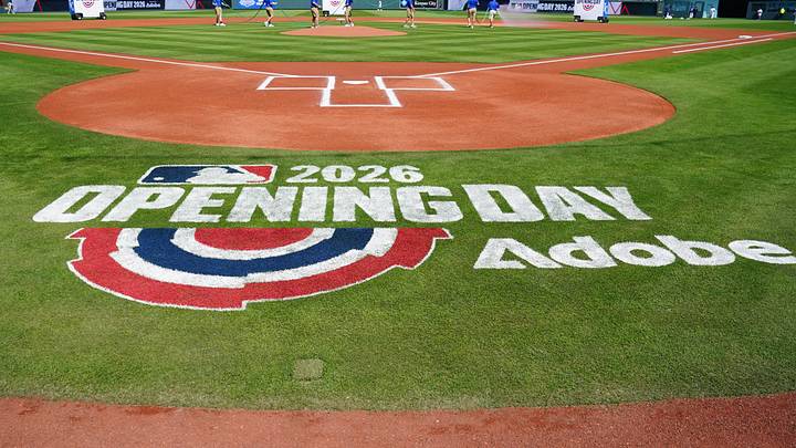 Mar 30, 2026; Kansas City, Missouri, USA; A general view of Opening Day logos on field prior to a game between the Kansas City Royals and Minnesota Twins at Kauffman Stadium. Mandatory Credit: Denny Medley-Imagn Images