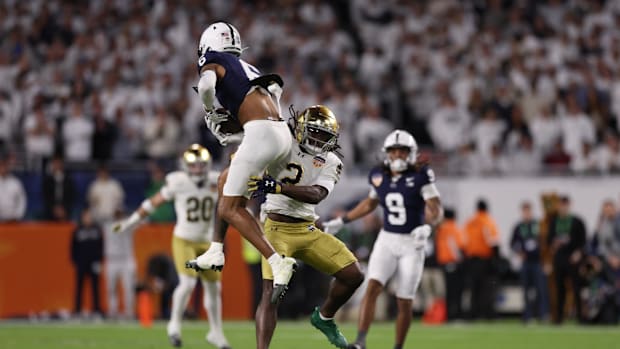 Penn State Nittany Lions safety Zakee Wheatley leaps for an interception against Notre Dame in the Orange Bowl. 