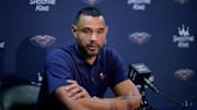 Oct 2, 2023; New Orleans, LA, USA; New Orleans Pelicans general manager Trajan Langdon speaks during Media Day at the Smoothie King Center. Mandatory Credit: Matthew Hinton-Imagn Images
