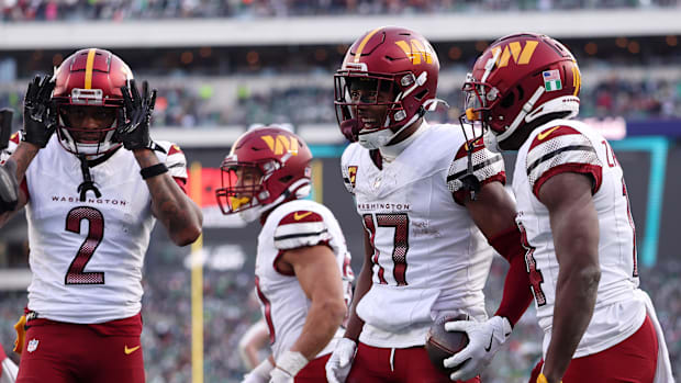 Washington Commanders wide receiver Terry McLaurin (17) reacts after a play against the Philadelphia Eagles during the first