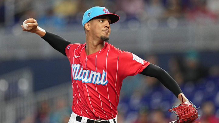 Aug 26, 2023; Miami, Florida, USA;  Miami Marlins starting pitcher Eury Perez (39) pitches against the Washington Nationals in the first inning at loanDepot Park. Mandatory Credit: Jim Rassol-Imagn Images