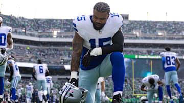 Dec 29, 2024; Philadelphia, Pennsylvania, USA; Dallas Cowboys running back Ezekiel Elliott (15) before action against the Philadelphia Eagles at Lincoln Financial Field. Mandatory Credit: Bill Streicher-Imagn Images
