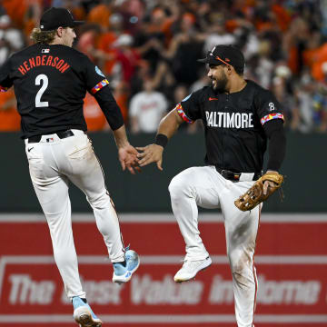 Jun 29, 2024; Baltimore, Maryland, USA;  Baltimore Orioles players celebrate.