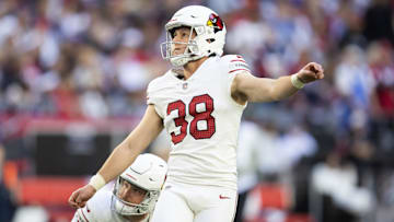 Dec 15, 2024; Glendale, Arizona, USA; Arizona Cardinals kicker Chad Ryland (38) against the New England Patriots at State Farm Stadium. Mandatory Credit: Mark J. Rebilas-Imagn Images
