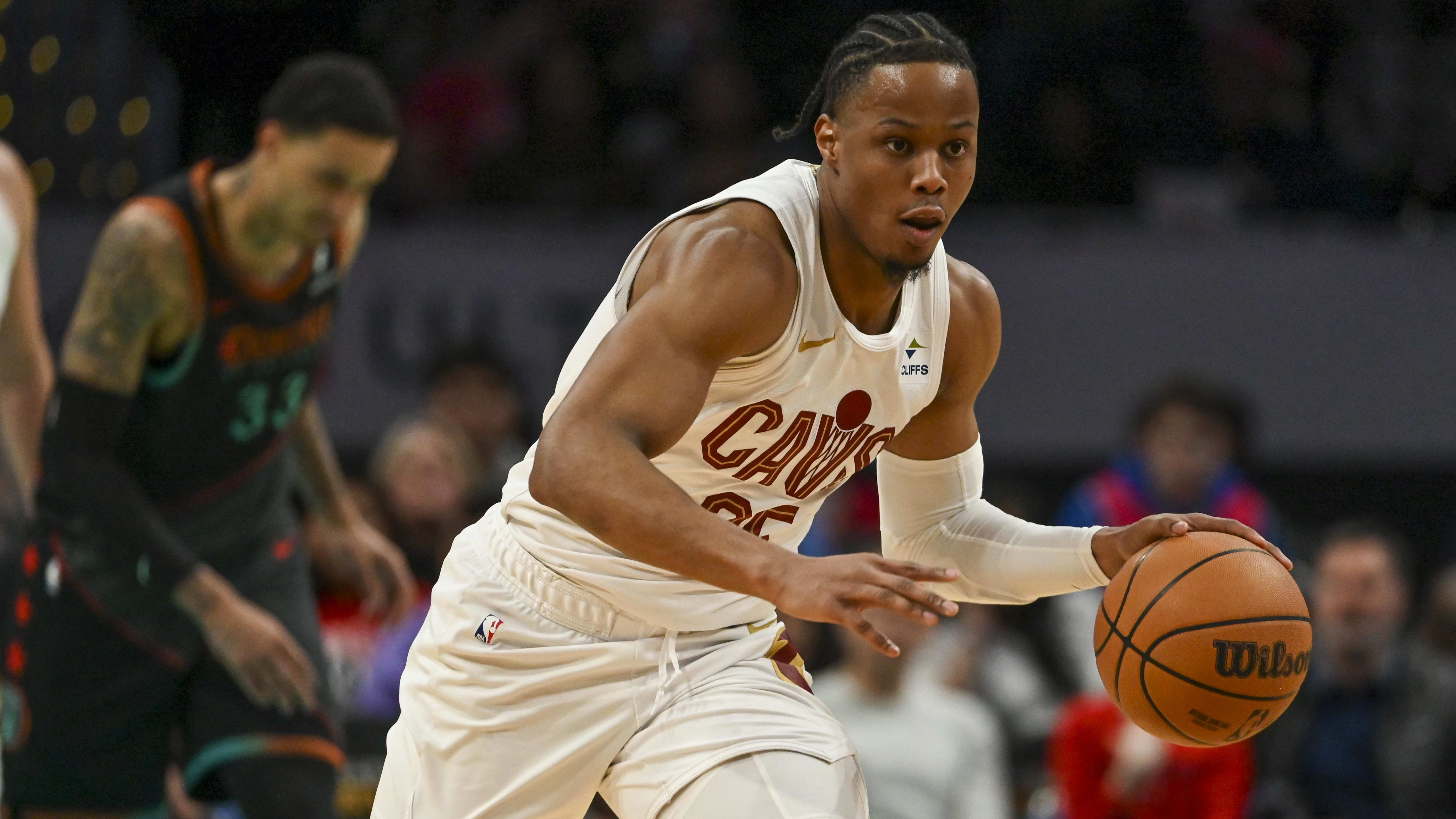 Feb 25, 2024; Washington, District of Columbia, USA; Cleveland Cavaliers forward Isaac Okoro (35) dribbles cup the court during the first half against the Washington Wizards at Capital One Arena. Mandatory Credit: Tommy Gilligan-USA TODAY Sports