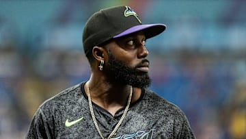 Jun 29, 2024; St. Petersburg, Florida, USA; Tampa Bay Rays outfielder Randy Arozarena (56) looks on against the Washington Nationals during the fourth inning at Tropicana Field. Mandatory Credit: Matt Pendleton-Imagn Images