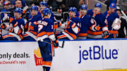 Apr 10, 2025; Elmont, New York, USA;  New York Islanders right wing Maxim Tsyplakov (7) celebrates his power play goal against the New York Rangers during the second period at UBS Arena. Mandatory Credit: Dennis Schneidler-Imagn Images