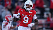 Nov 8, 2025; Piscataway, New Jersey, USA; Rutgers Scarlet Knights wide receiver Ian Strong (9) celebrates after a touchdown reception during the first half against the Maryland Terrapins at SHI Stadium. 