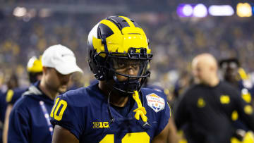 Dec 31, 2022; Glendale, Arizona, USA; Michigan Wolverines defensive back Zeke Berry (10) against the TCU Horned Frogs during the 2022 Fiesta Bowl at State Farm Stadium. Mandatory Credit: Mark J. Rebilas-USA TODAY Sports
