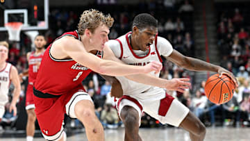 Nov 21, 2024; Spokane, Washington, USA; Duke basketball transfer guard Cedric Coward (0) controls the ball against Eastern Washington Eagles guard Andrew Cook (9) in the first half at Spokane Veterans Memorial Arena.